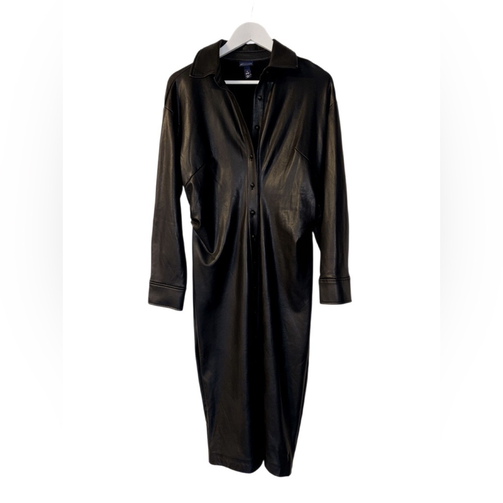 Scoop Faux Leather Ruched Midi Shirt Dress | Black | Size M
